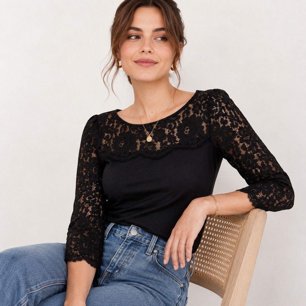 C. Wonder Top Black Lace Yoke 3/4 Sleeve Boat Neck Small Goth Whimsigoth Sheer